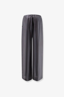 Dark gray wide-leg alysi women’s silk trousers with smooth satin fabric and elastic waistband