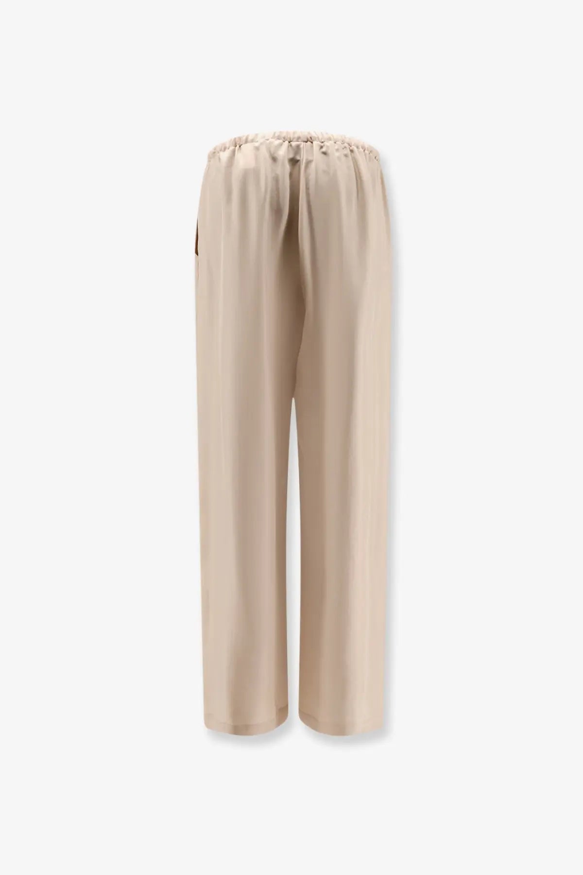 Beige satin wide-leg silk trousers with elastic waistband alysi women’s silk trousers petalo front view