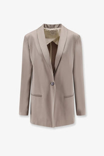Alysi women’s single breasted satin beige blazer with single button closure and contrast stitching on pockets