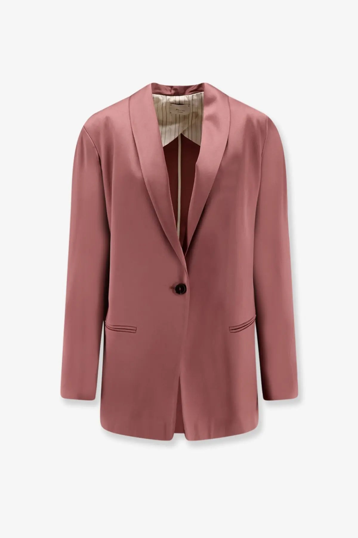 Alysi women’s single breasted satin blazer in dusty rose with a black button and subtle flap pockets