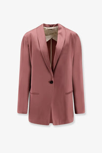 Alysi women’s single breasted satin blazer in dusty rose with a black button and subtle flap pockets