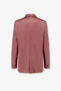 Alysi women’s single breasted satin blazer in rose pink with a smooth satin finish and classic tailored fit