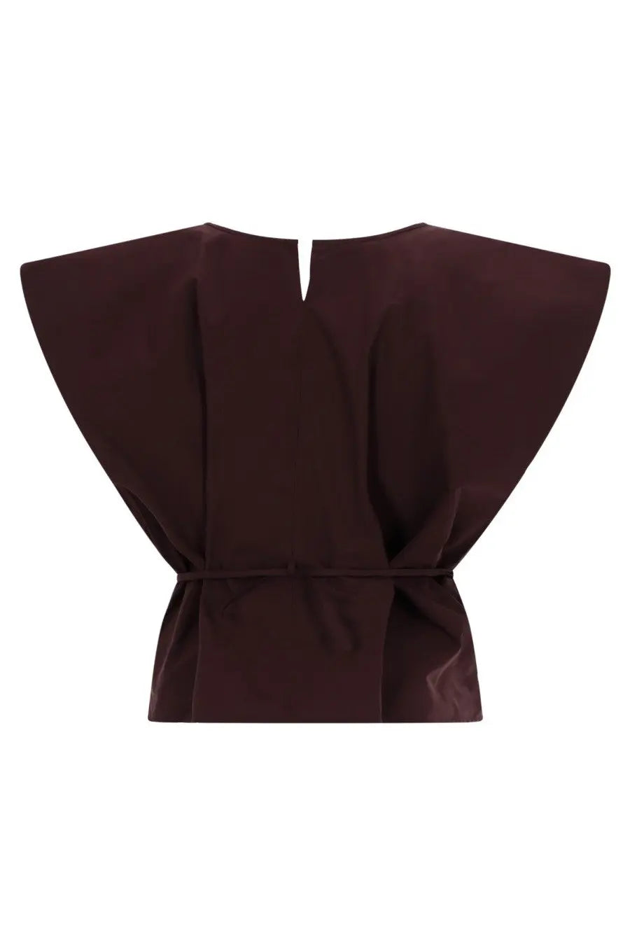 Alysi women’s sleeveless top in dark burgundy with wide flared shoulders and a cinched waist tied in a bow