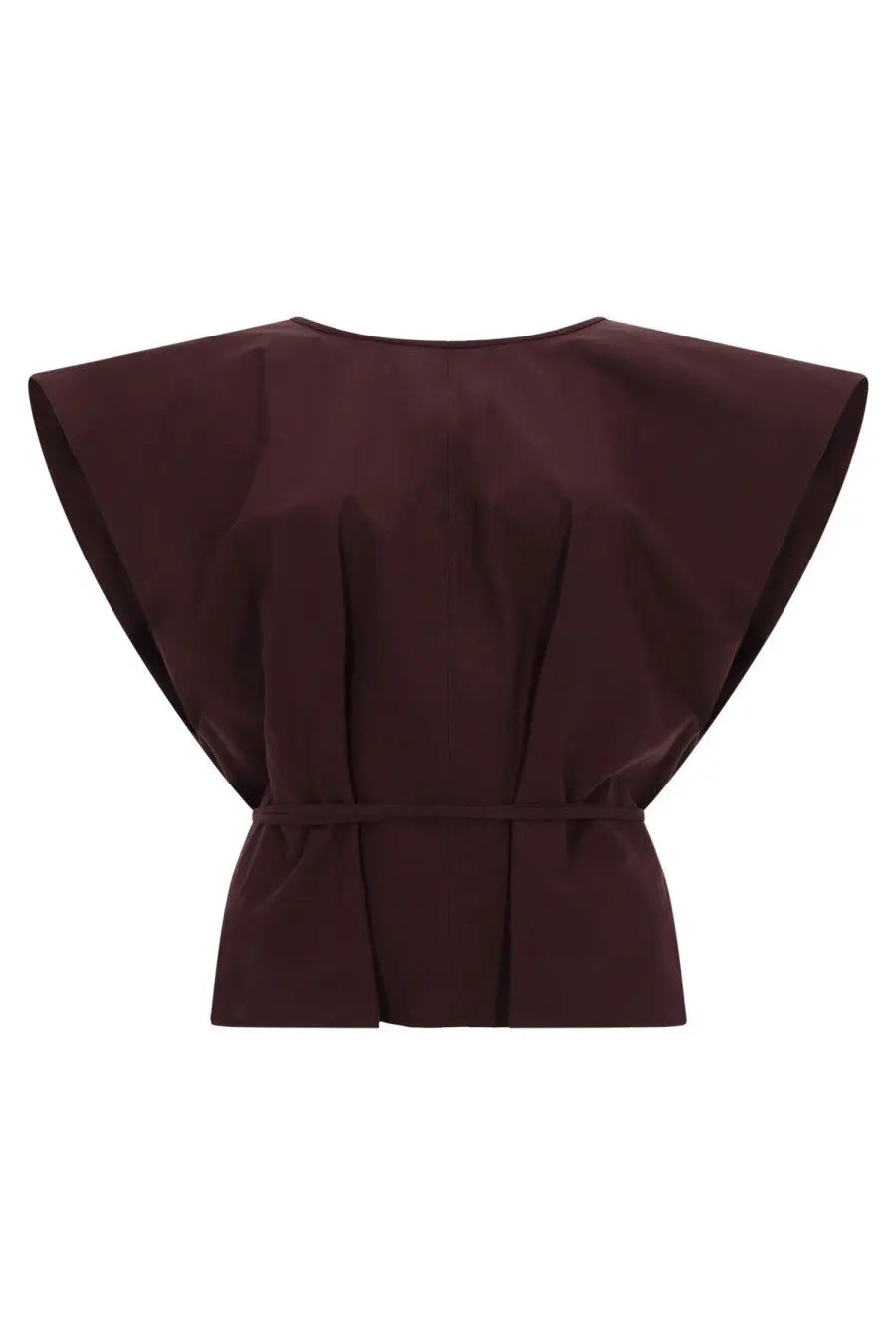 Alysi women’s sleeveless dark burgundy structured top with wide cape-like shoulders and a cinched waistband