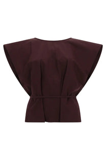 Alysi women’s sleeveless dark burgundy structured top with wide cape-like shoulders and a cinched waistband