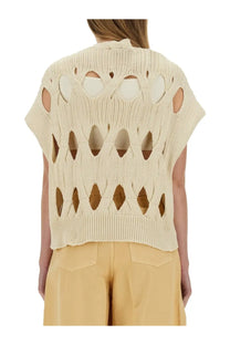 Cream-colored knitted sleeveless top with geometric cut-out patterns from alysi womens springtime jersey beige collection