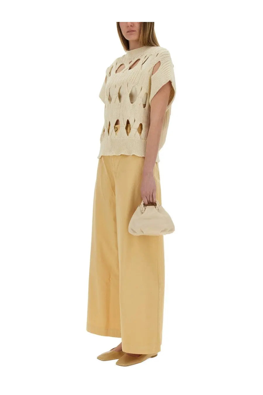Alysi women’s springtime jersey beige cream knitted top with geometric cut-out patterns and short sleeves