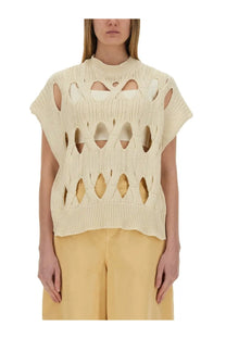 Cream-colored alysi women’s springtime jersey knitted top with high neckline short sleeves and geometric cutout pattern