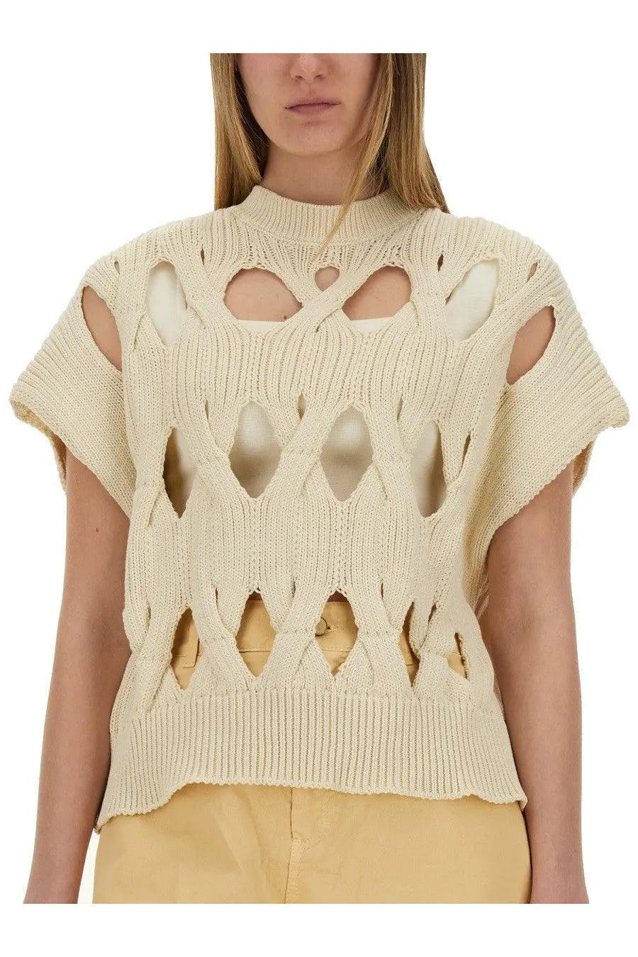 Alysi women’s springtime jersey beige cream short-sleeved knit top with high neckline and geometric cutouts