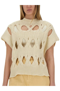 Alysi women’s springtime jersey beige cream short-sleeved knit top with high neckline and geometric cutouts
