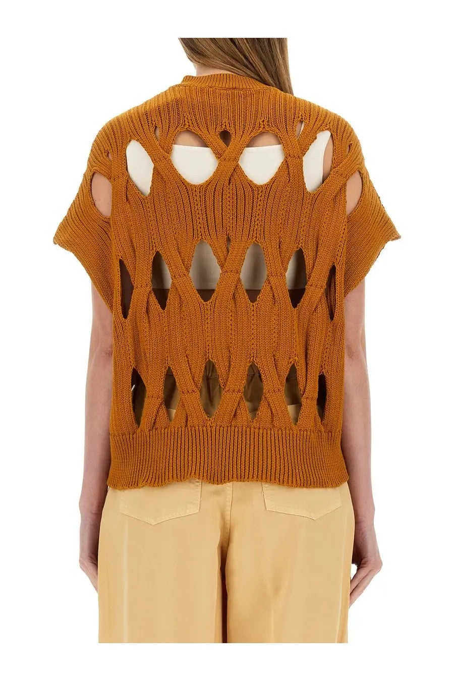 Back view of alysi women’s springtime jersey orange mustard-yellow knitted cardigan with geometric cutout pattern