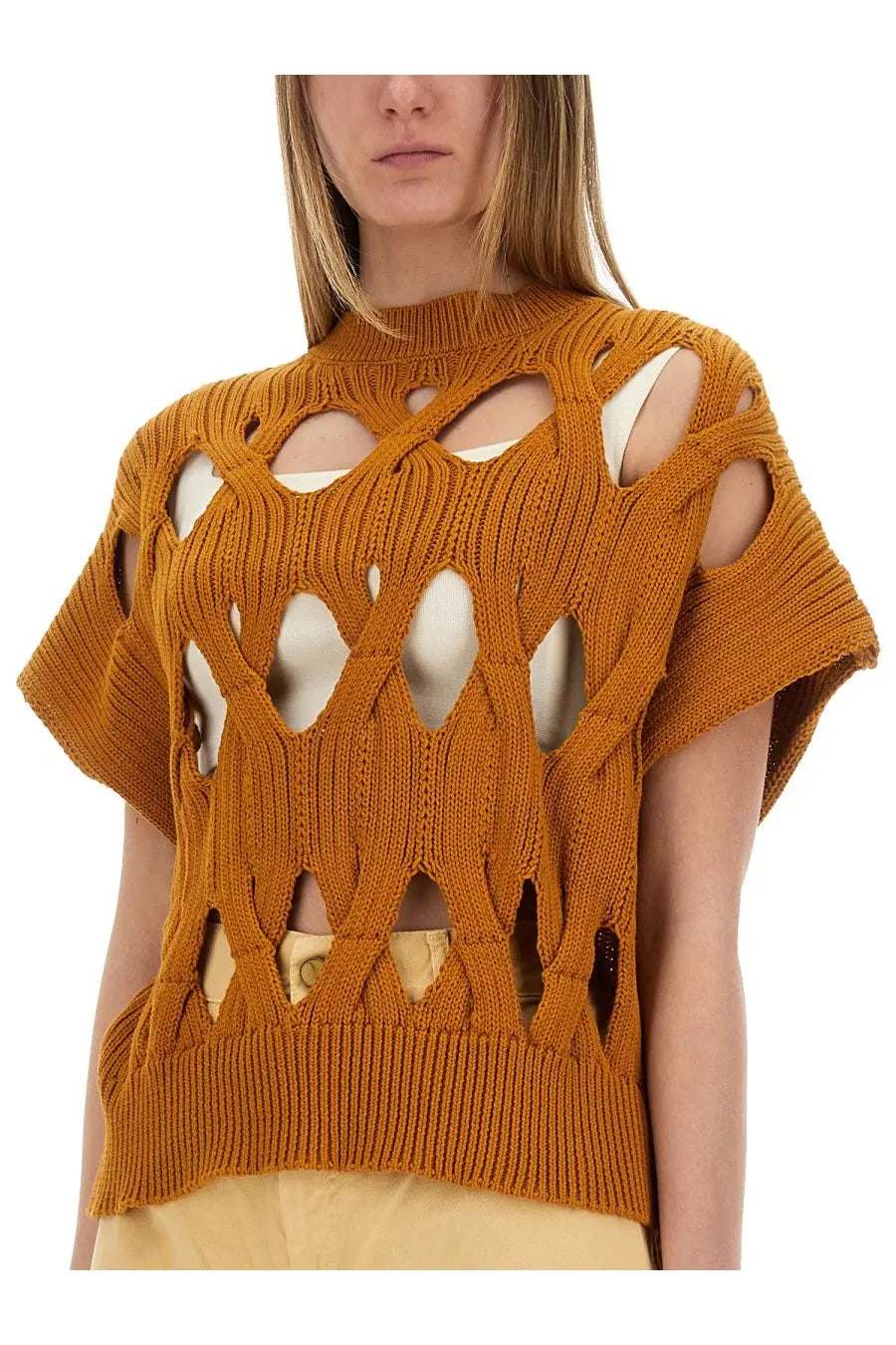 Alysi women’s mustard-yellow knitted springtime jersey sweater with high neckline and fluttery short sleeves cutout pattern