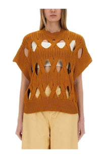Alysi women’s springtime jersey orange mustard yellow knitted sweater with geometric cutout pattern and short sleeves
