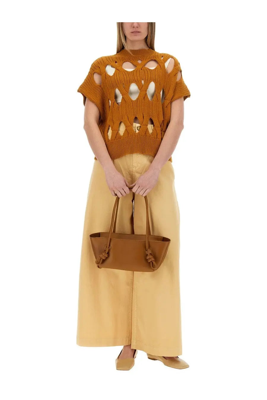 Tan leather tote bag with braided handles and structured rectangular shape from alysi women springtime jersey orange collection