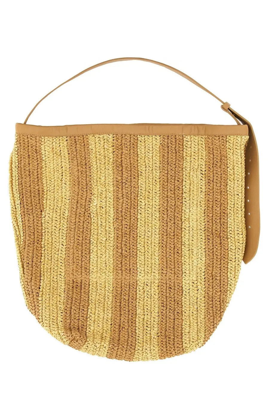 Alysi women’s straw bag beige woven with golden yellow and tan vertical stripes and a smooth leather handle