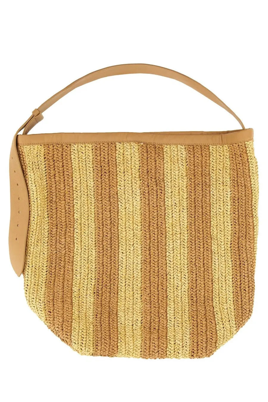 Alysi women’s straw bag beige with vertical golden yellow and tan stripes and matching leather handles