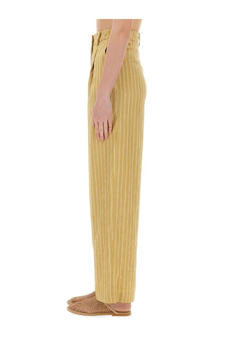 Alysi women’s high-waisted striped satin tailored pants in mustard yellow with thin white vertical stripes
