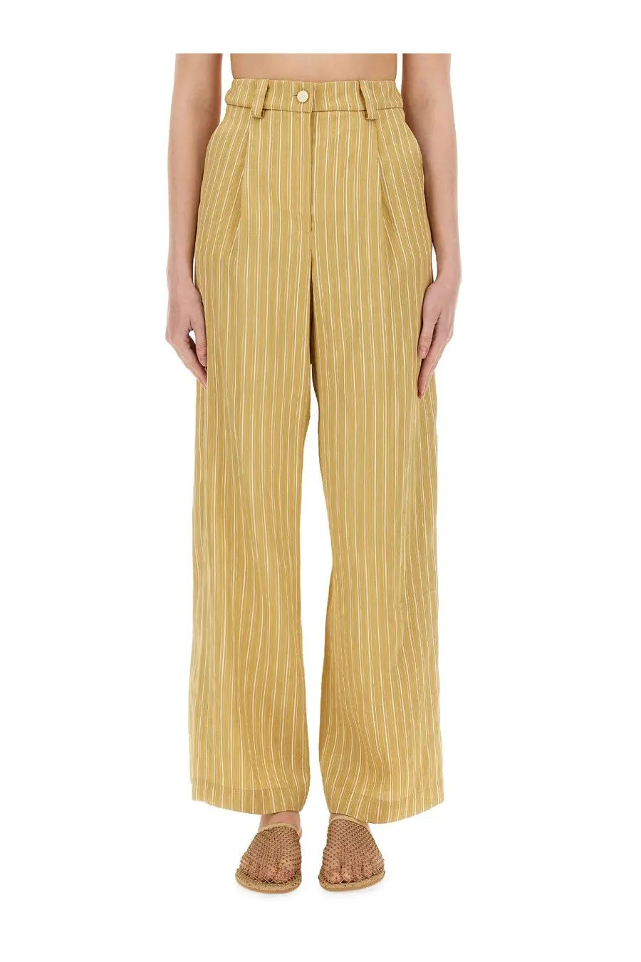 High-waisted wide-leg alysi women’s striped satin tailored pants in mustard yellow with thin white vertical stripes