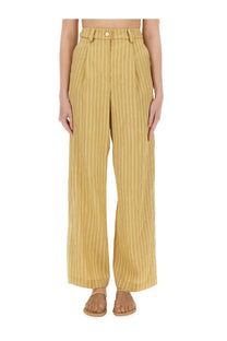 High-waisted wide-leg alysi women’s striped satin tailored pants in mustard yellow with thin white vertical stripes