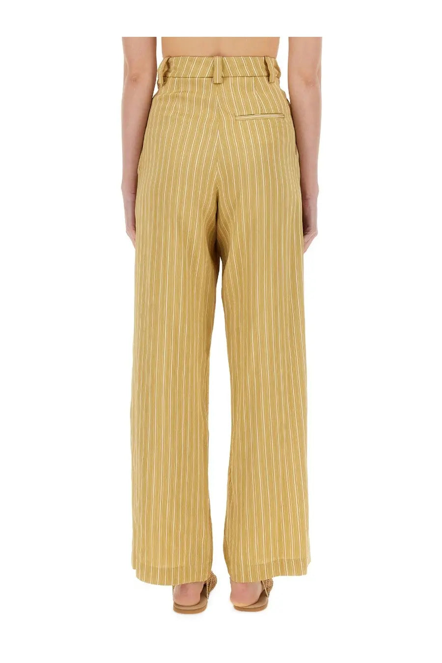 AlySi women’s beige yellow pinstripe satin tailored wide-leg pants with high waist and belt loop detail