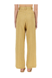 AlySi women’s beige yellow pinstripe satin tailored wide-leg pants with high waist and belt loop detail