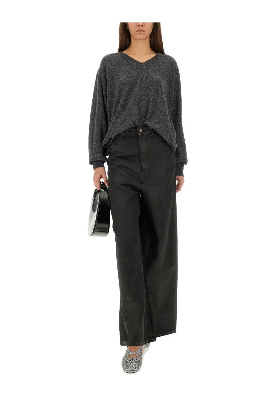 Black circular clutch with glossy finish and silver hardware for alysi womens super flare denim pants black collection