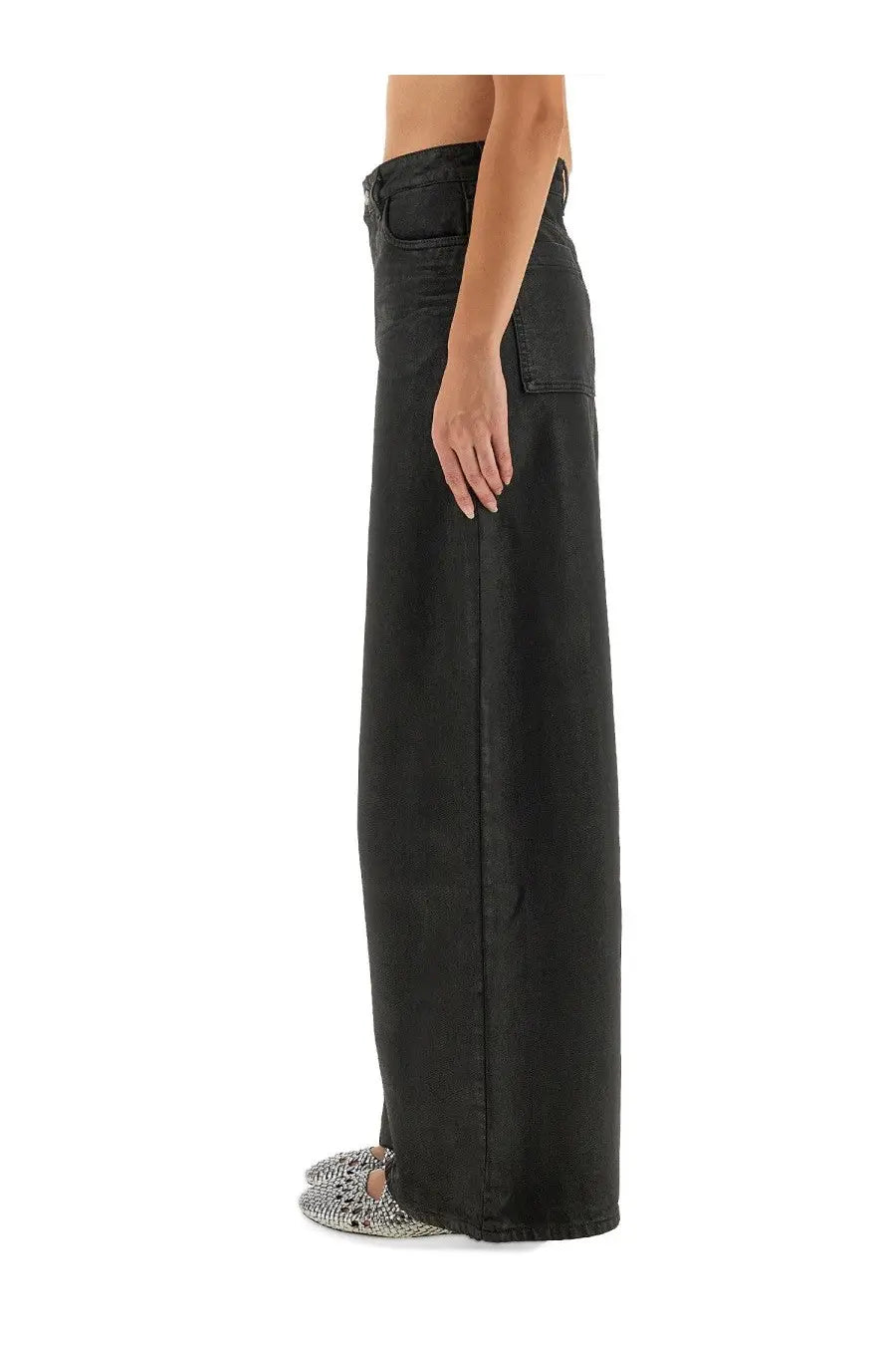 Alysi women’s super flare denim pants in black with high waist, wide-leg cut, and classic front pockets