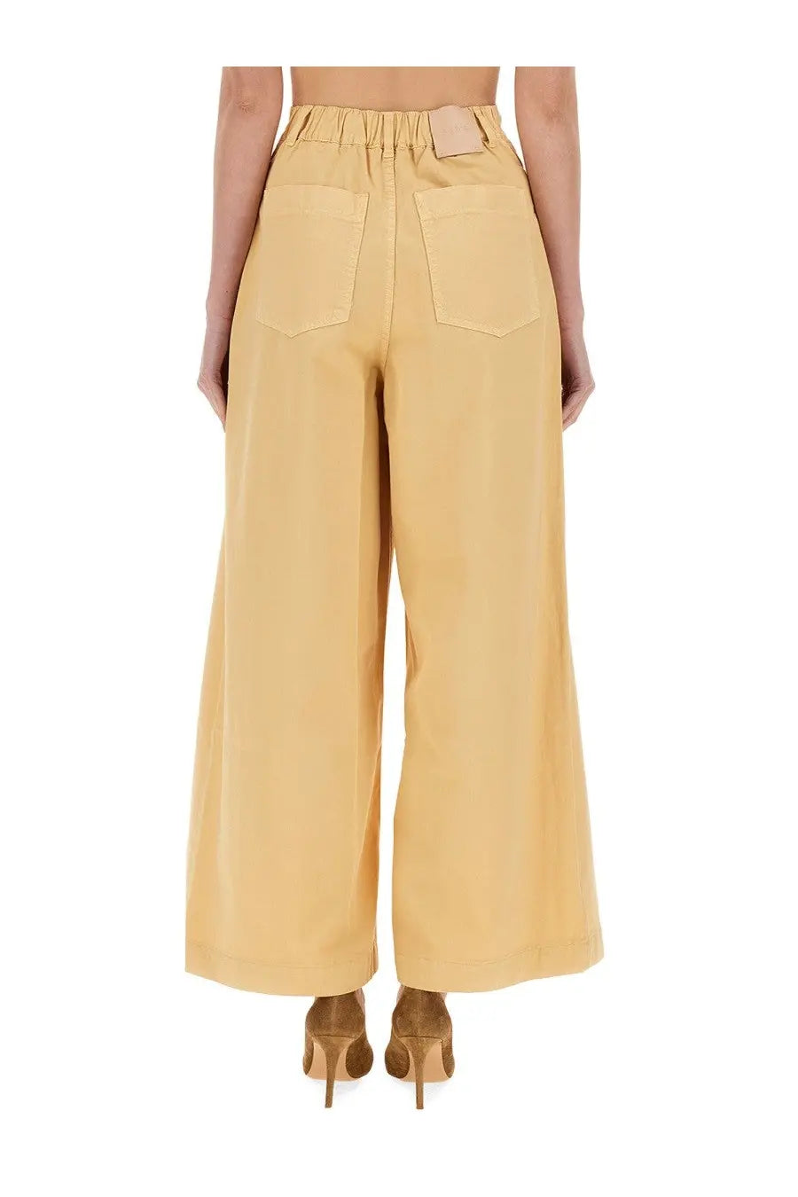 Beige alysi women’s superflare sporty high-waisted wide-leg trousers with elastic waistband and two back pockets viewed from back