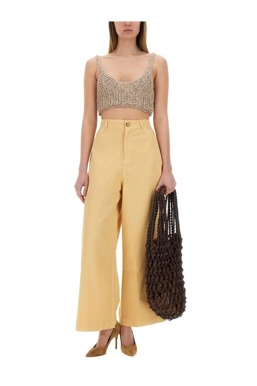 Brown woven mesh tote bag featured with alysi women’s superflare sporty yellow pants for casual use