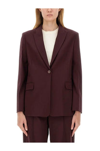 Alysi women’s tailored red blazer with structured fit, subtle sheen, single-breasted design, and two flap pockets