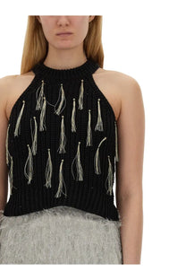 Alysi women’s black knitted halter top adorned with silver tassels perfect for stylish summer wear