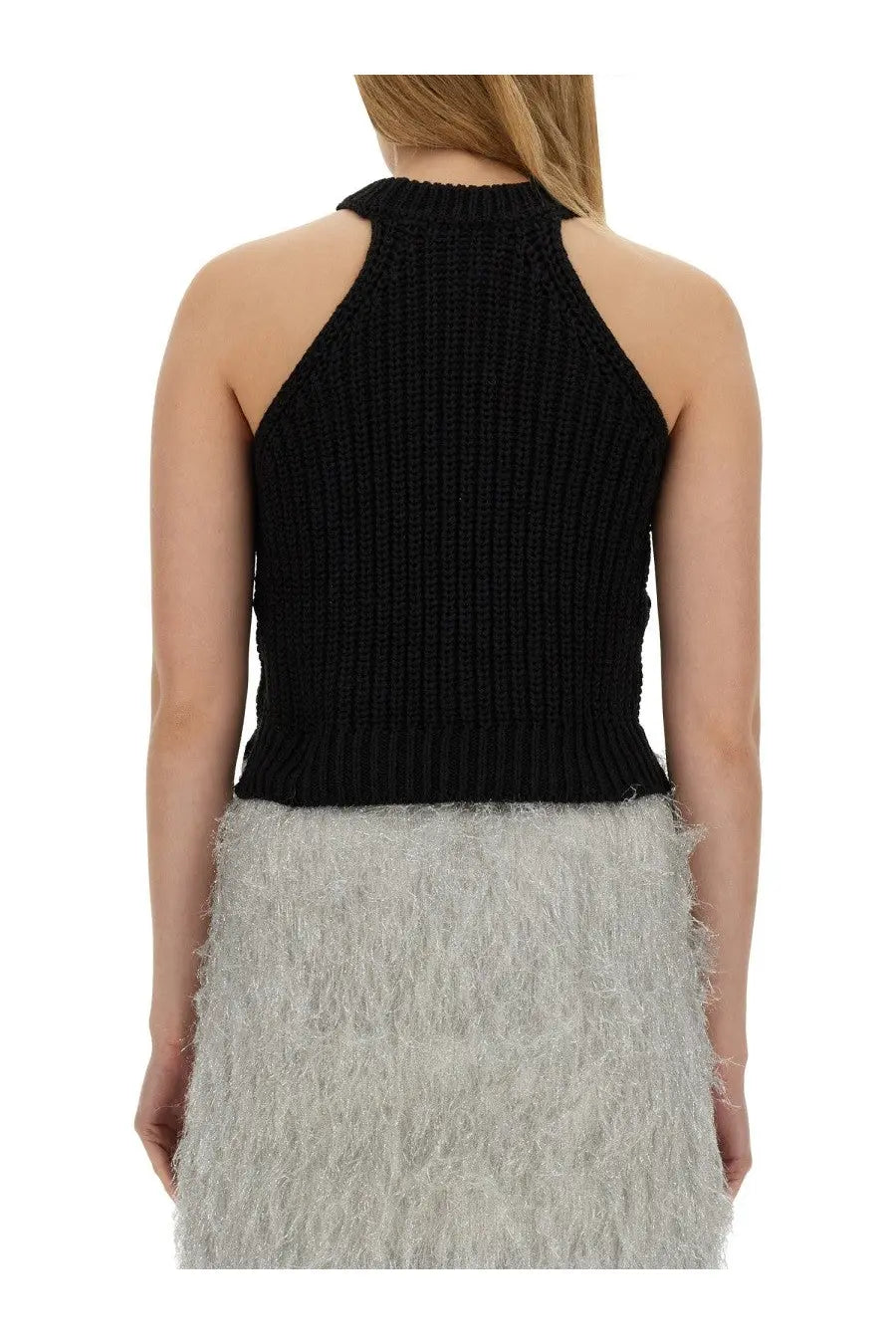 Black ribbed knit halter top by alysi womens featuring a slim fit and textured fabric, front view