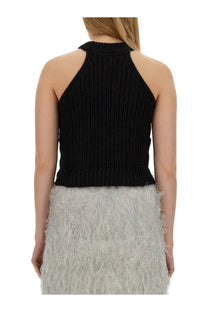 Black ribbed knit halter top by alysi womens featuring a slim fit and textured fabric, front view
