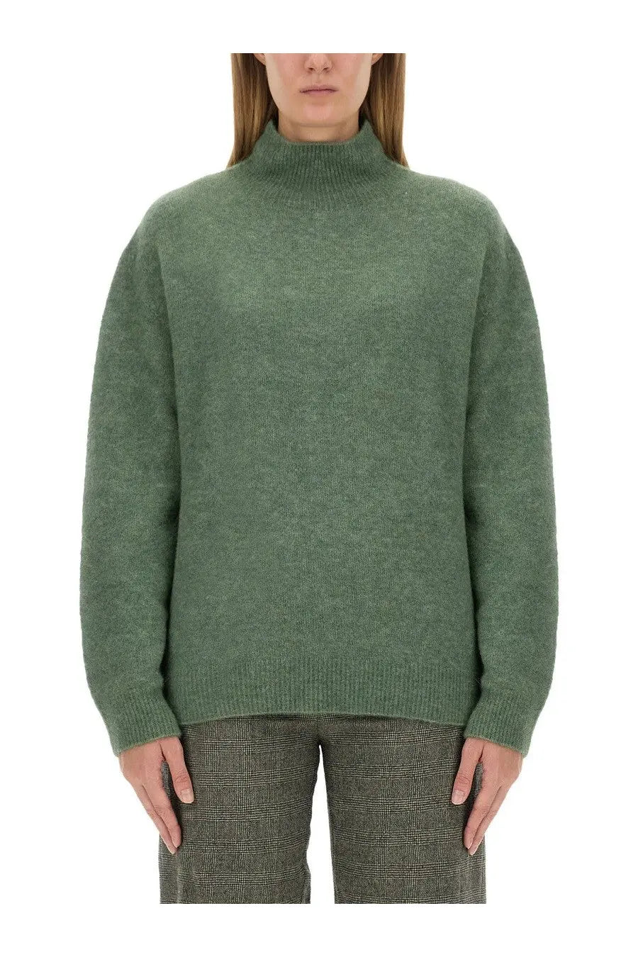 Alysi women’s olive green soft turtleneck sweater with textured knit and ribbed cuffs