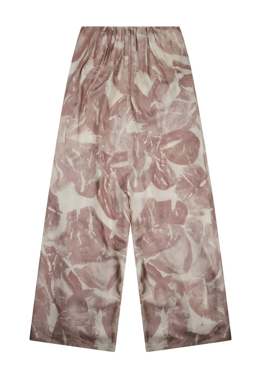 Alysi women’s tuta elegante wide-leg trousers in soft pink and cream floral pattern on silky fabric