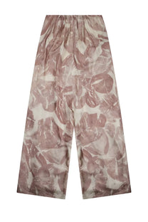 Alysi women’s tuta elegante wide-leg trousers in soft pink and cream floral pattern on silky fabric