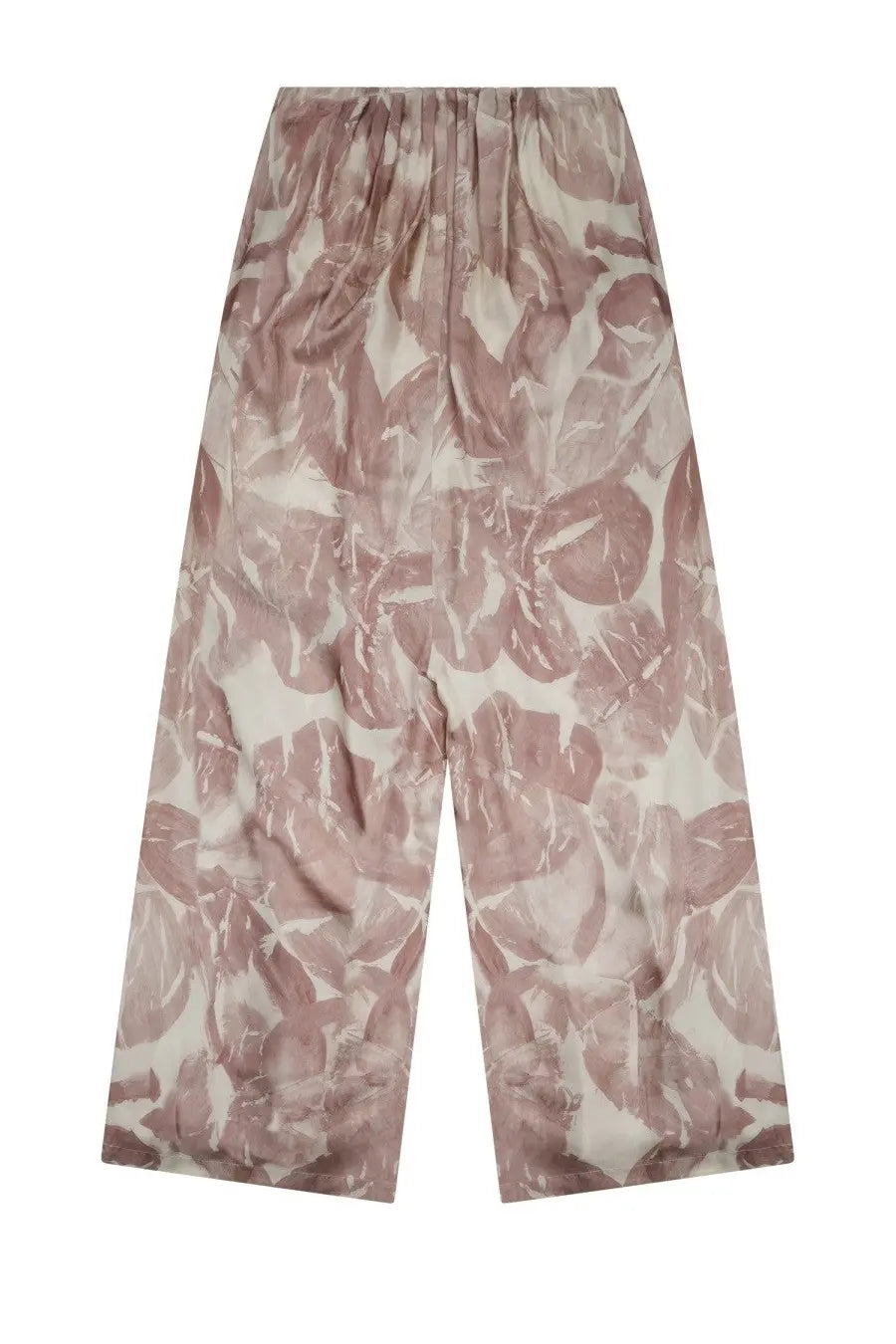 Alysi women’s wide-leg satin trousers in muted rose and cream floral print from the tuta elegante in seta blue collection