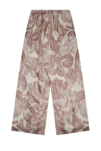 Alysi women’s wide-leg satin trousers in muted rose and cream floral print from the tuta elegante in seta blue collection