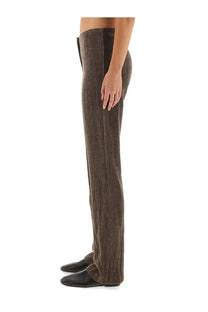 Alysi women’s brown velvet crinkle slim pants with straight-leg cut and visible vertical ridges in corduroy material