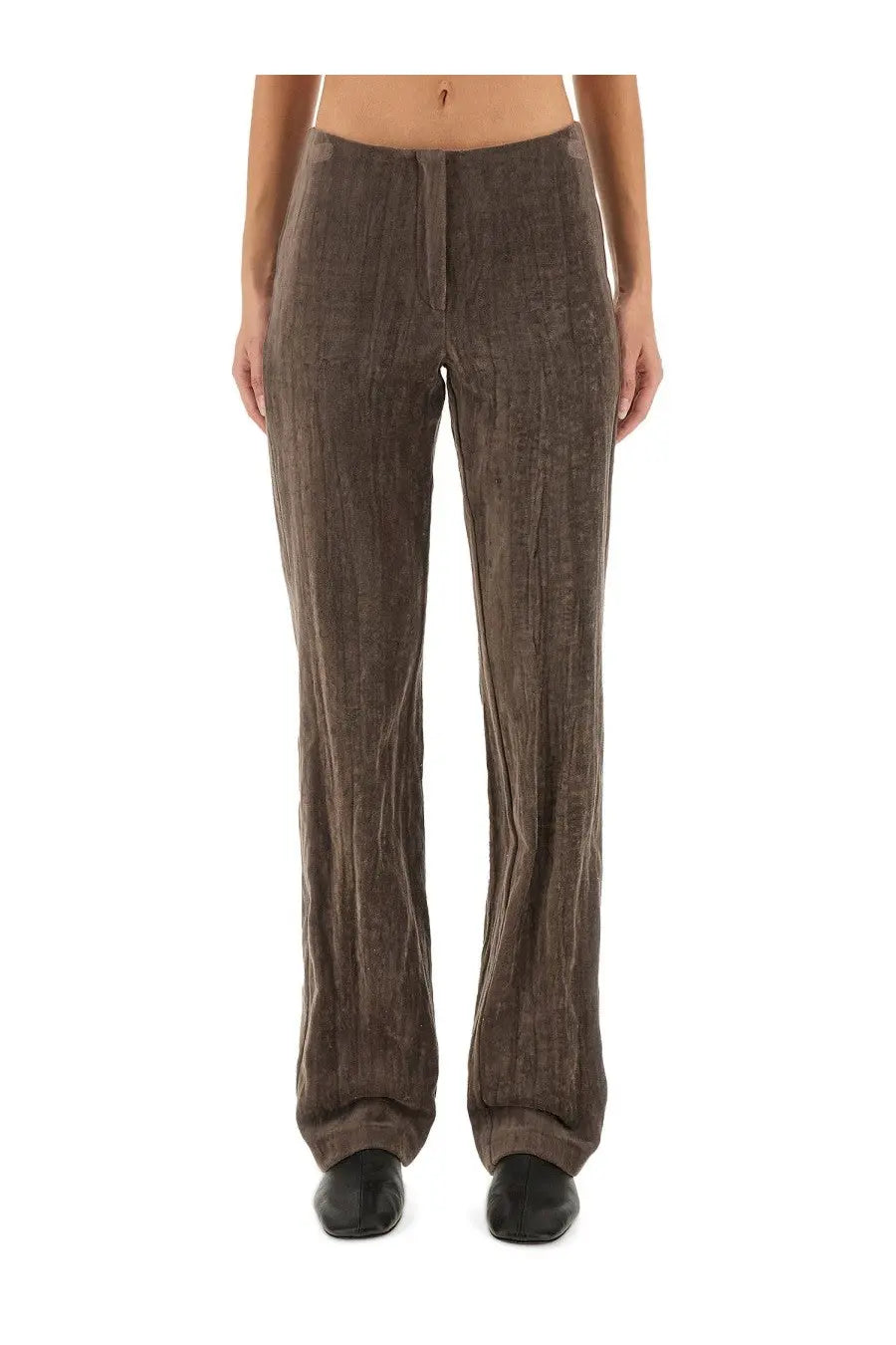 Alysi women’s velvet crinkle slim brown corduroy trousers with straight leg cut and subtle vertical ribbing