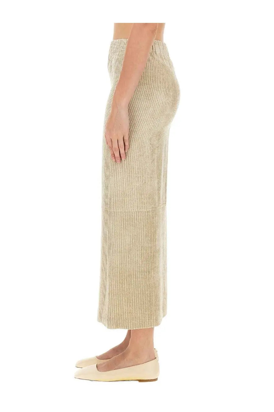 Alysi women’s beige velvet wide-leg skirt with relaxed fit and subtle vertical ribbing in corduroy texture