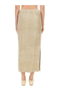 Beige ribbed corduroy midi skirt with side slit in alysi women’s velvet skirt beige style