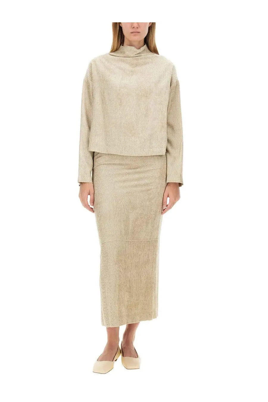Beige ribbed knit two-piece set with cropped high neckline top and matching midi velvet skirt by alysi women’s