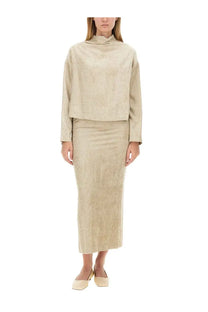 Beige ribbed knit two-piece set with cropped high neckline top and matching midi velvet skirt by alysi women’s