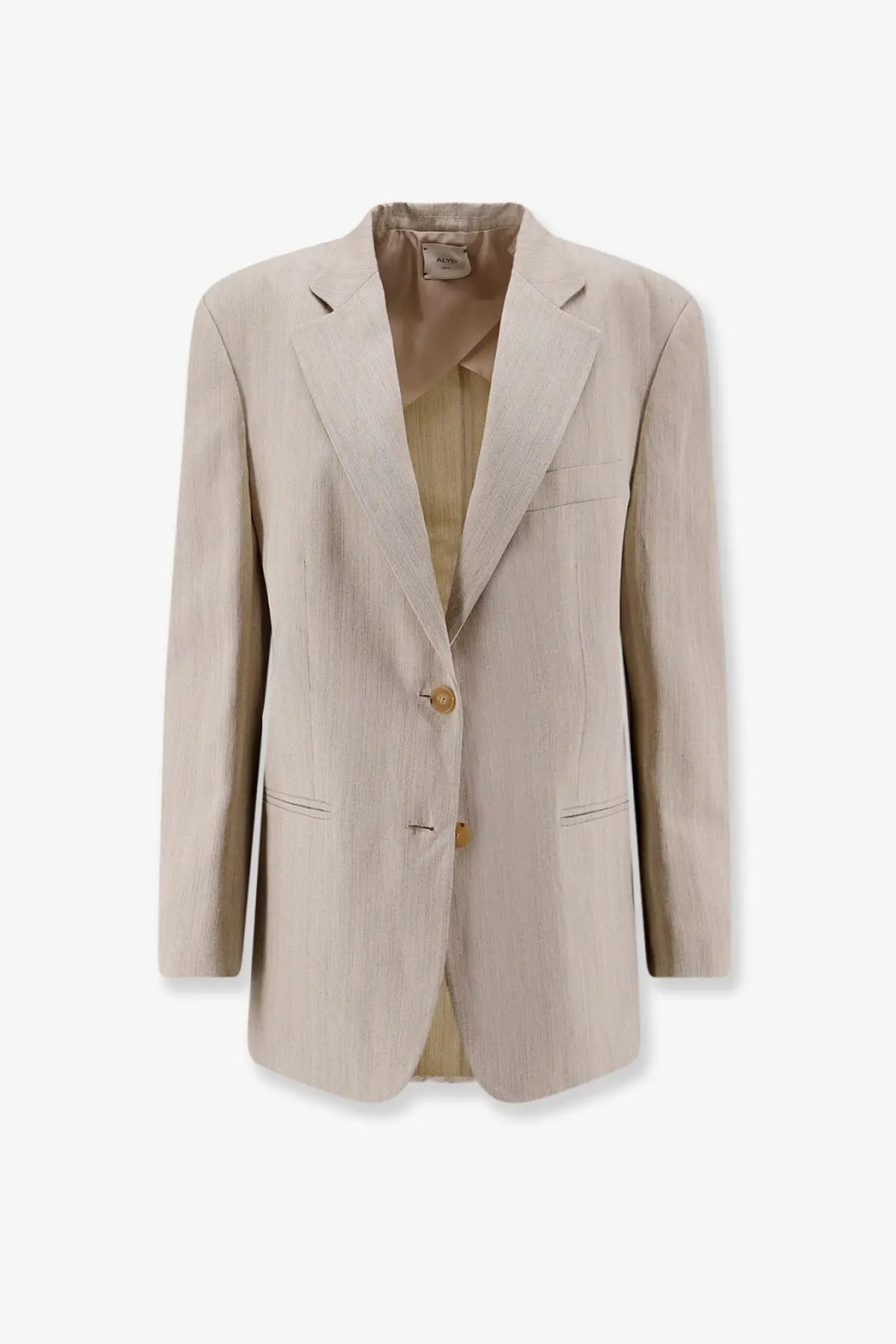 Alysi women’s white viscose and linen blend blazer with beige subtle vertical stripes and gold toned buttons