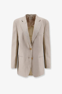 Alysi women’s white viscose and linen blend blazer with beige subtle vertical stripes and gold toned buttons