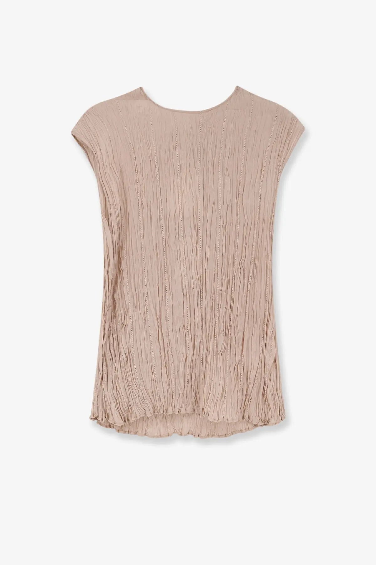 Alysi women’s wrinkle top pink soft beige pleated knit with rounded neckline and short sleeves