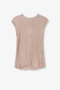 Alysi women’s wrinkle top pink soft beige pleated knit with rounded neckline and short sleeves