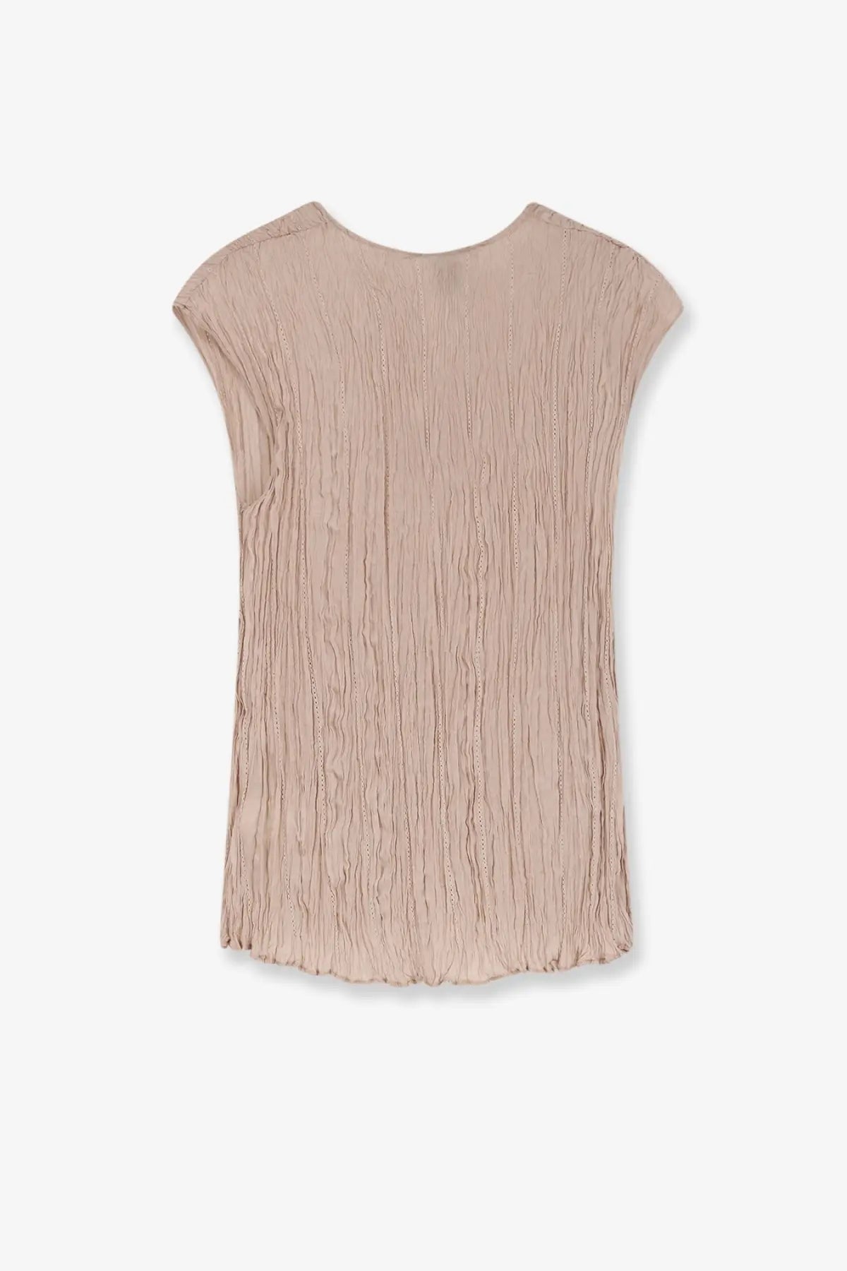 Alysi women’s wrinkle top in soft beige with short sleeves textured pleated fabric and rounded neckline