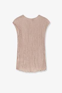 Alysi women’s wrinkle top in soft beige with short sleeves textured pleated fabric and rounded neckline